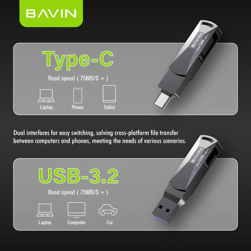 Bavin USB Drive 64GB USB3.2 to Type C