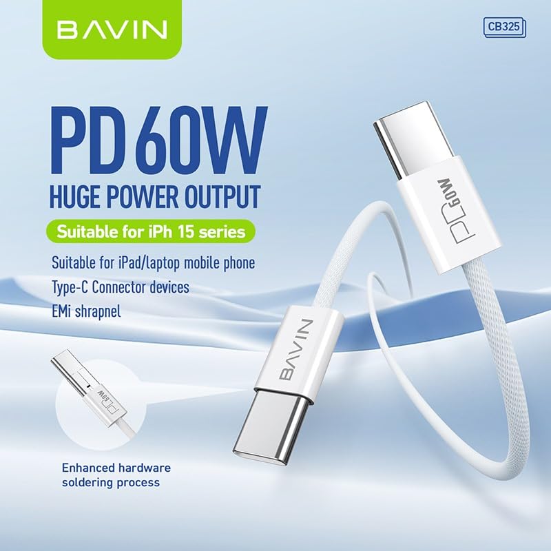 Bavin 3ft 60W USB Type C to C Charging Cable for iPhone 15 for Samsung Galaxy S24/A14/A54/S23 FE/S23+/S23 Ultra/A53 5G/S22/A13/A03S/S21S20/A12/A32, white