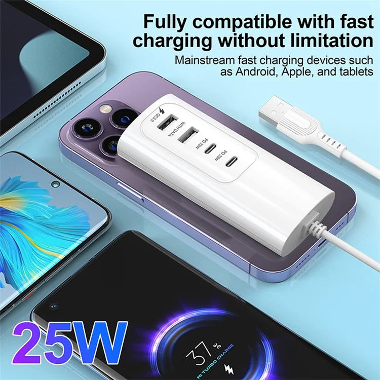 1m USB Plug PD 25W 2 USB + 2 Type-C Fast Charge Power Socket Phone Tablet Bluetooth-compatible Earphone Charger