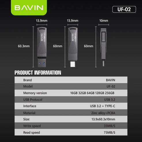 Bavin USB Drive 64GB USB3.2 to Type C